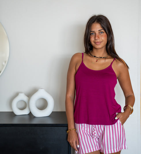 Women summer pajama set Fuchsia Top + Spaced Fuchsia Stripes shorts